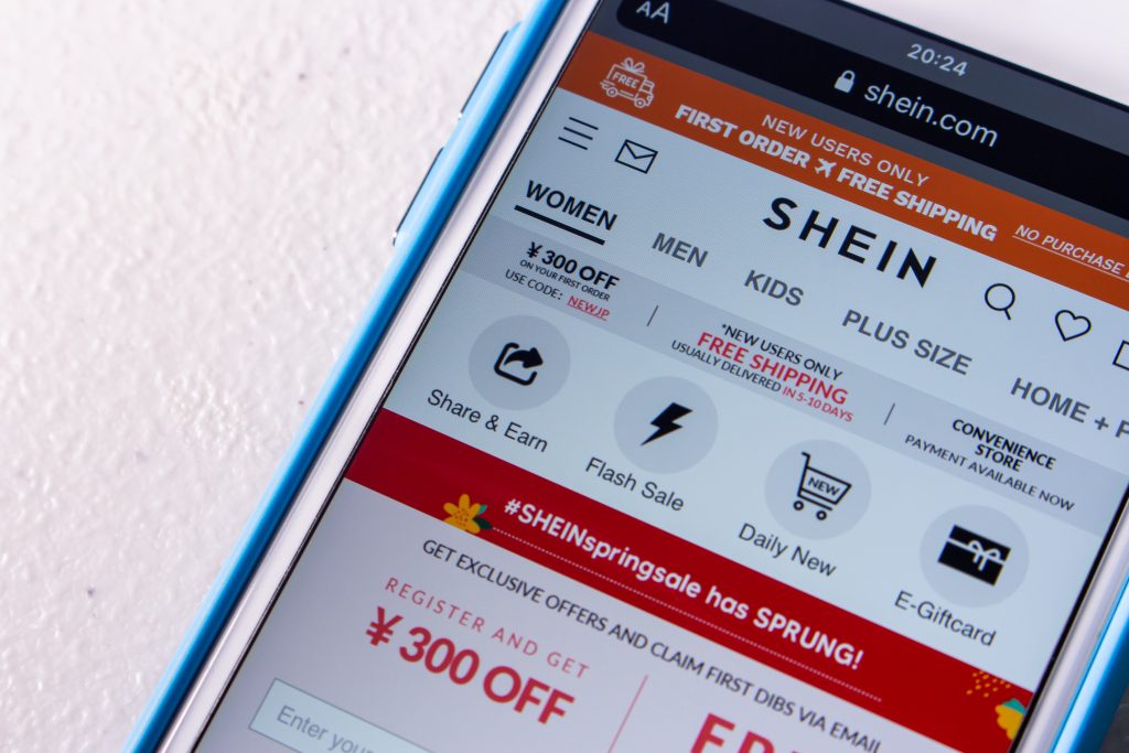 The website of Shein, a Chinese fast fashion online fast fashion retailer, on an iPhone screen